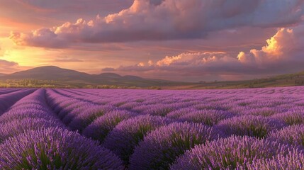 Serene Sunset over a Lavender Field