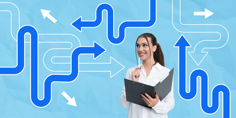 Businesswoman with clipboard and arrows.