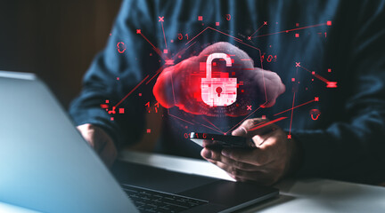 Hacker with unlocked padlock on cloud.