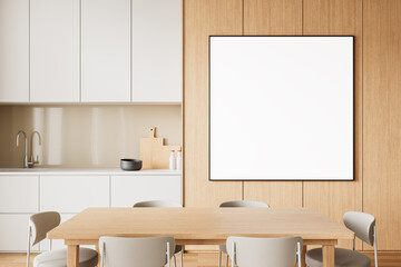 Modern kitchen interior with blank poster on wooden wall. 3D Rendering