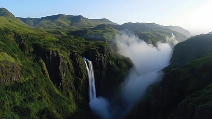 Fototapeta premium Majestic waterfall cascading down steep cliffs into a misty valley.