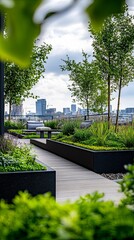 A vibrant urban garden with lush greenery and trees. This serene space is perfect for relaxation and rejuvenation. Enjoy the beauty of nature in the city. Generative AI