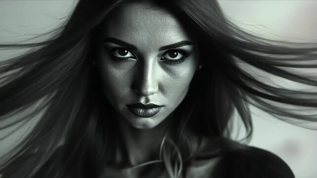 Woman with a mysterious mood looking down against a blurred background