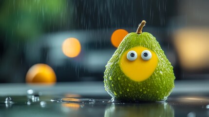 Green pear with a yellow face is sitting on a wet surface. The pear has a surprised expression on its face, and it is looking at the camera. The scene has a playful and whimsical mood