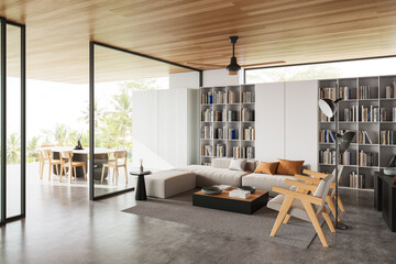 Modern living room with bookshelf and dining area. 3D Rendering