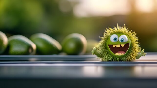 Green monster with big eyes and a big smile is sitting on a table with a bunch of green avocados