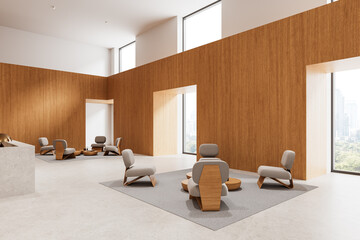 Modern waiting area with wooden walls, large windows, and minimalist seating in a contemporary interior space. 3D Rendering