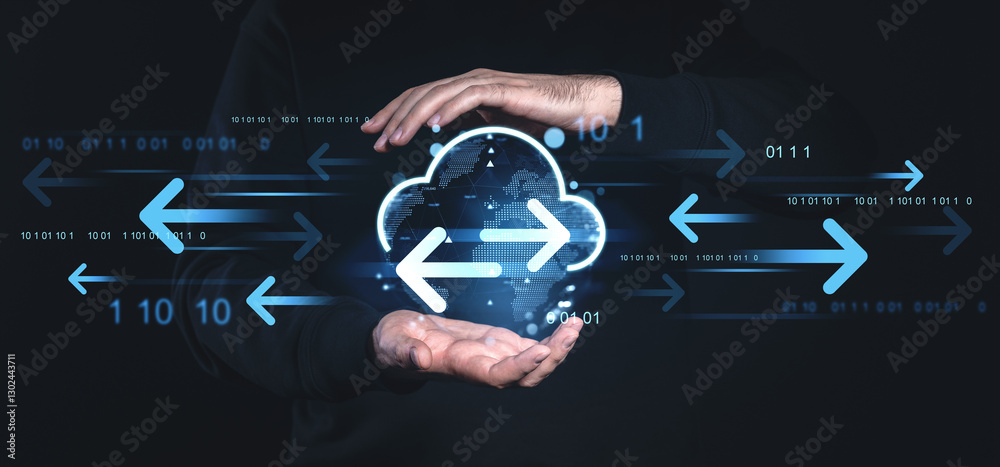 Poster cloud data transfer concept with glowing arrows and binary code.