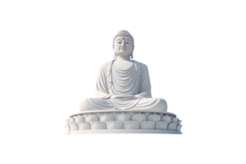A grand white Buddha statue, hands resting in dhyana mudra, seated on an ornate lotus pedestal, radiating tranquility, wisdom, isolated on a transparent background