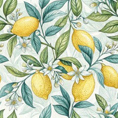 Seamless Lemon Blossom Pattern Vibrant Garden Setting Digital Art Botanical Illustration Aesthetic Viewpoint Nature Concept