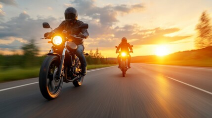Fototapeta premium Riders Enjoying Thrilling Motorcycle Adventure During Beautiful Sunset on Open Road