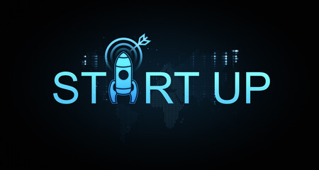 Startup concept with glowing rocket icon and digital elements. 3D Rendering