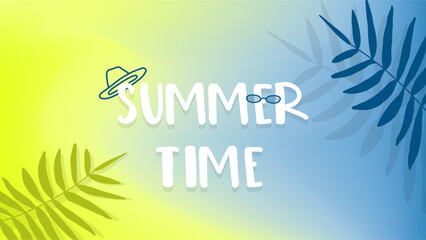 Creative summertime banner in trendy bright colors with tropical leaves and text. Season promotion illustration. Fresh design for posters, flyers, greeting cards, invitations, congratulation, web.