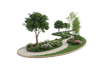 A meandering pathway cutting through a landscaped park, featuring neatly arranged trees, decorative bushes, and soft grass patches, isolated on a transparent background