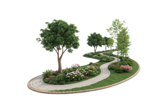 A meandering pathway cutting through a landscaped park, featuring neatly arranged trees, decorative bushes, and soft grass patches, isolated on a transparent background