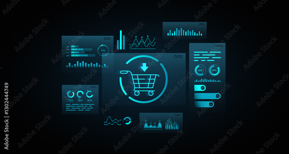 Poster e-commerce dashboard with shopping cart icon and data visualizations. 3d rendering
