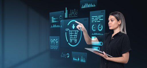 Online shopping interface with data analytics on digital screen.