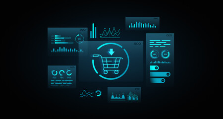 E-commerce dashboard with shopping cart icon and data visualizations. 3D Rendering
