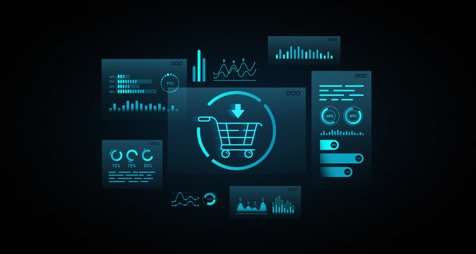 E-commerce dashboard with shopping cart icon and data visualizations. 3D Rendering