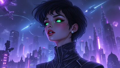 Futuristic Urban Jungle: Cyberpunk Neon Portrait of a High-Tech Woman
