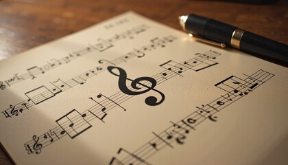 Sheet music with treble clef and pen on wooden table background
