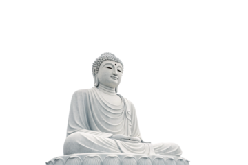 A serene white Buddha statue, intricately carved with calm expression, flowing robes, and lotus pedestal, sitting peacefully in meditative posture against a transparent background