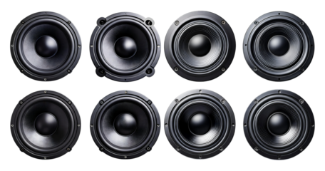 Set of Eight Stylish Black Audio Speakers for Music Lovers, Bundle Set Collection, Isolated on Transparent Background