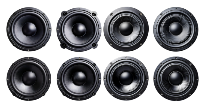 Set of Eight Stylish Black Audio Speakers for Music Lovers, Bundle Set Collection, Isolated on Transparent Background