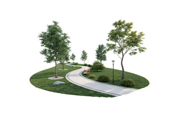 A winding park pathway with trimmed grass, scattered benches, and lamp posts, creating a serene and well-maintained public space, isolated on a transparent background