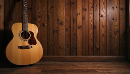 Acoustic guitar leaning against wooden wall in cozy rustic interior setting