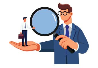 Flat illustration of human resources manager considering employee selection. Empty background.