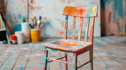 Colorful wooden chair in art studio with paint splattered floor and brushes in background