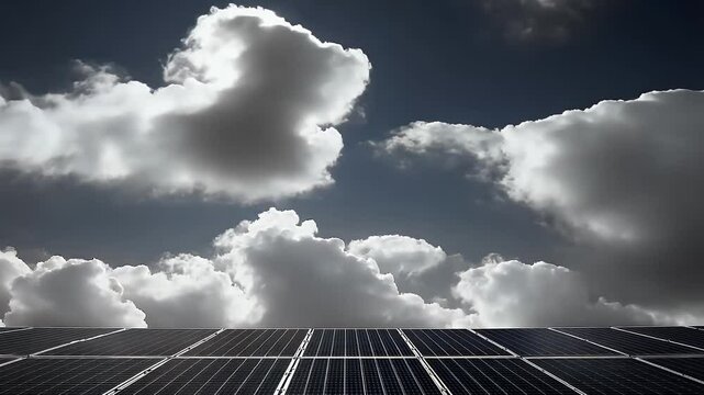 Solar panels reflecting sunlight under a dramatic sky filled with fluffy clouds, showcasing renewable energy