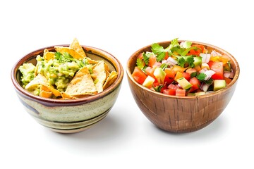 Bowls of guacamole and nachos isolated on white background