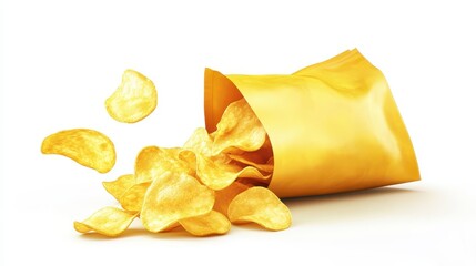 Potato chips in snack bag or bowl isolated on white background,snack bag ready to eat and fat food or junk food,Tasty potato chips,potato chips with salt,Advertising concept.