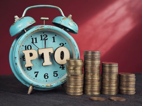 Time is money for paid time off with alarm clock and coins
