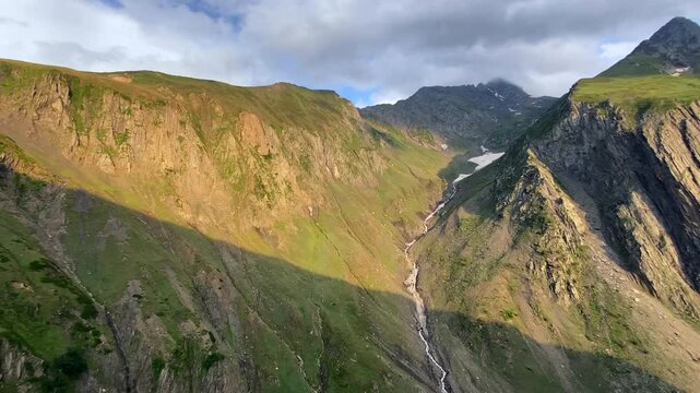 Beautiful Himalayan mountain landscape view of Baltal on Zoji La Pass with Sindh River in the Srinagar-Leh road in Jammu and Kashmir, India.
