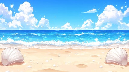 Obraz premium Serene beach scene with shells and clear water.