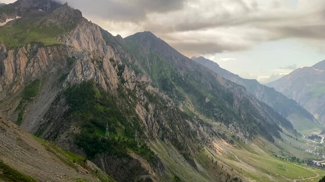 Beautiful Himalayan mountain landscape view of Baltal on Zoji La Pass with Sindh River in the Srinagar-Leh road in Jammu and Kashmir, India.