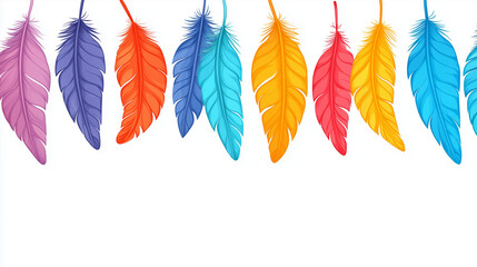 Colorful feathers arranged in a row on white background, vibrant display, artistic decoration