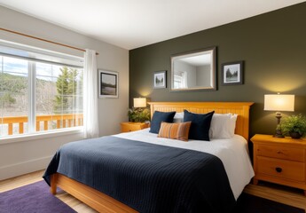 Fototapeta premium Cozy contemporary bedroom with stylish wooden furniture, natural light, and calming green accent wall
