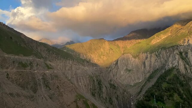 Beautiful Himalayan mountain landscape view of Baltal on Zoji La Pass with Sindh River in the Srinagar-Leh road in Jammu and Kashmir, India.