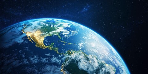 Earth from Space: A breathtaking view of Earth from space, showcasing the vibrant blue oceans, swirling cloud formations, and illuminated continents, offering a perspective on our planet.