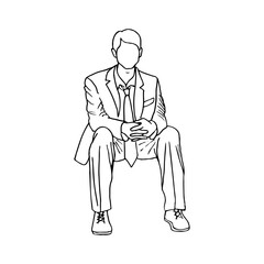 young man in suit sitting, portrait without face - hand drawn line art