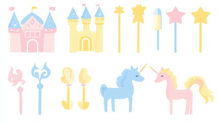 Colorful Fantasy Elements for Children including Castles, Unicorns, and Magic Wands