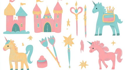 Fototapeta premium Colorful Fantasy Unicorns and Castles Illustration in Soft Pastel Tones