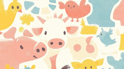 Obraz premium Colorful Farm Animals and Shapes in a Playful Children's Illustration Design