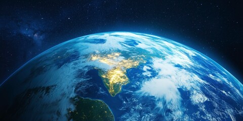 Earth at Night: An awe-inspiring view of Earth from space, capturing the mesmerizing glow of city lights illuminating continents against the vast backdrop of the cosmos.