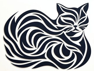 Obraz premium Abstract black and white cat design with flowing lines and patterns on a wall