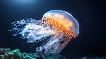 Naklejka premium A stunning bioluminescent jellyfish dances in the depths of the ocean, hovering above colorful coral reefs, embodying the beauty and mystery of underwater life